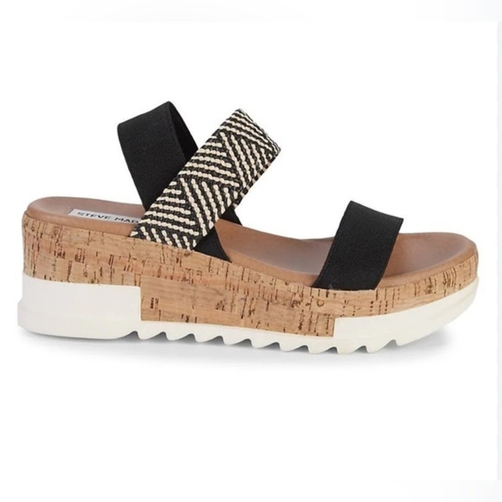 Steve Madden Women’s Elmira Wedge Sandals Black Tan Neutral Size 10